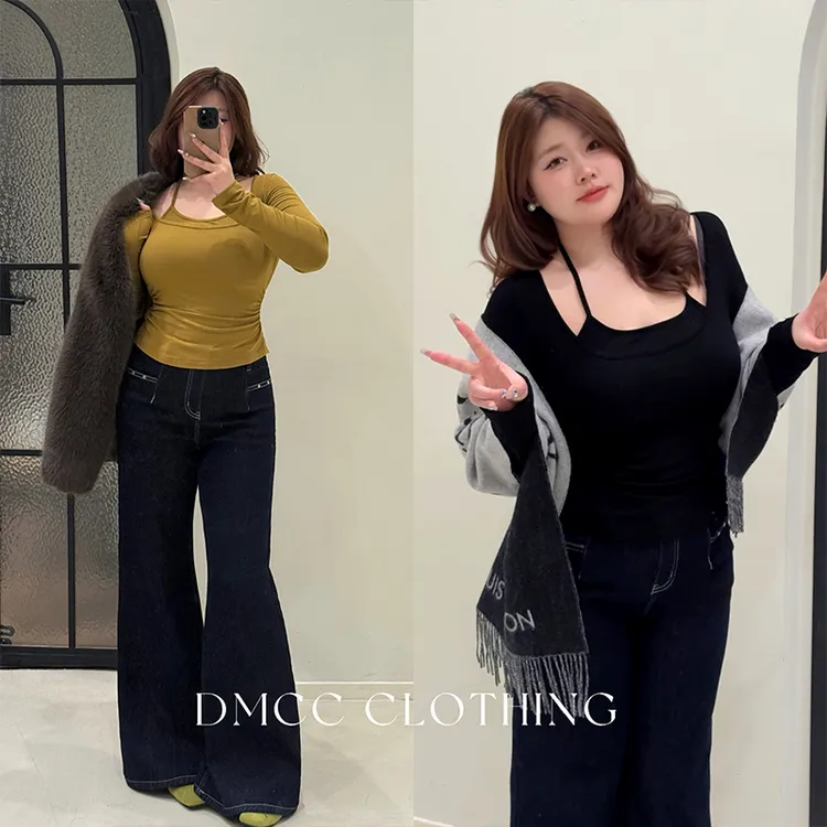 DMcc大蜜【万颂伊】纯欲性感风挂脖U型领长袖打底T恤女秋冬微胖mm