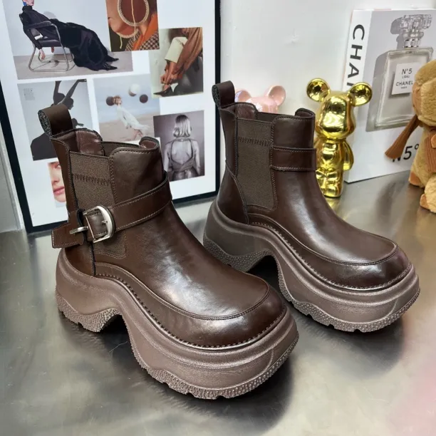 真皮松糕厚底大棉切尔西短靴女2025秋冬新款增高马丁靴