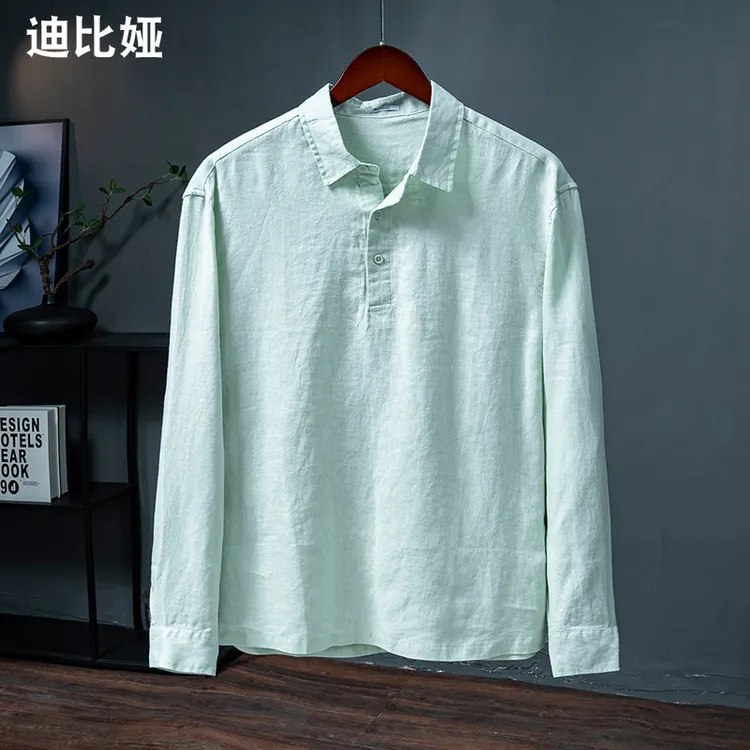 迪比娅2025秋季100%纯亚麻套头长袖衬衫男新中式老钱风纯色衬衣Y