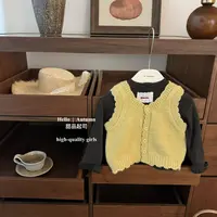 【甜品起司】一抹黄！韩系女宝宝可爱显白黄色针织马甲花边T恤套装