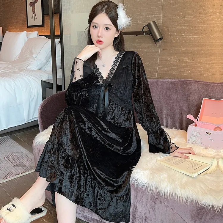 【带胸垫】睡裙女金丝绒长袖秋冬宫廷风蕾丝花边裙子睡衣家居服秋季