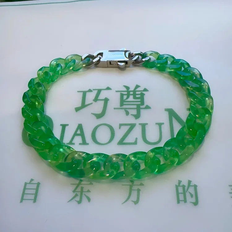 QIAOZUN/巧尊天然玉髓古巴链手链宽8MM绿色个性嘻哈潮流