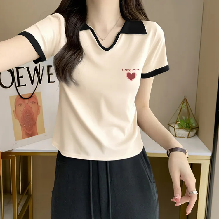 纯欲风辣妹修身显瘦短袖T恤女士夏季设计感撞色翻领洋气减龄上衣