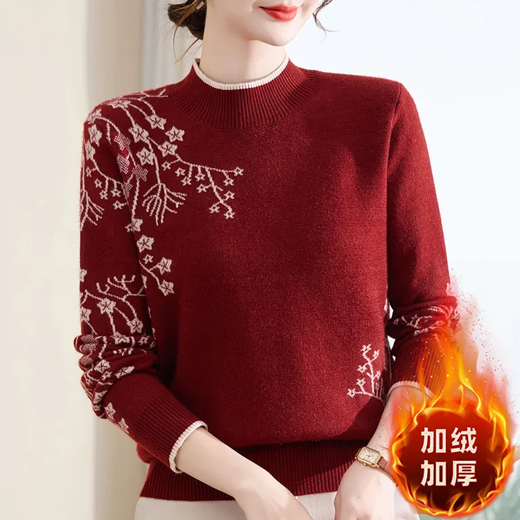 秋冬季中老年女装内搭妈妈秋冬加绒国风毛衣加厚打底针织衫4050岁