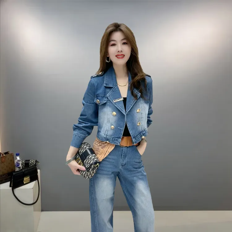 【欧若风】网红牛仔套装98819春季时尚百搭气质休闲短款上衣+阔腿裤