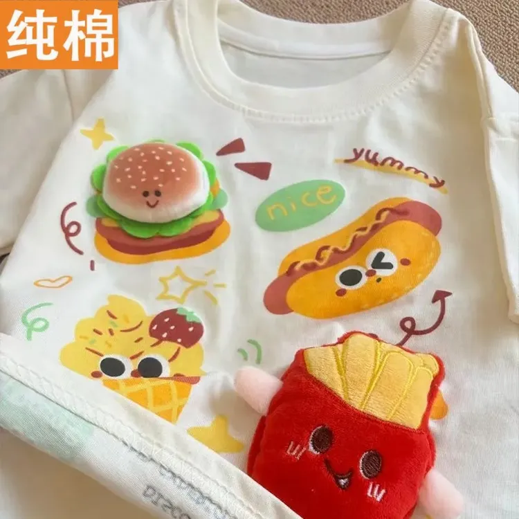 男女童卡通汉堡薯条立体玩偶短袖T2025夏季新款洋气纯棉圆领上衣