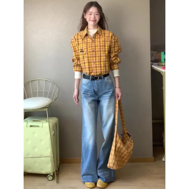 折痕美式水洗牛仔裤女2025春季新款拖地长裤宽松直筒阔腿裤