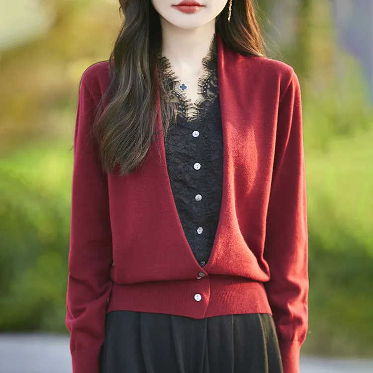 哥弟阿玛施正品气质假两件洋气上衣时尚蕾丝优雅长袖针织开衫毛衣