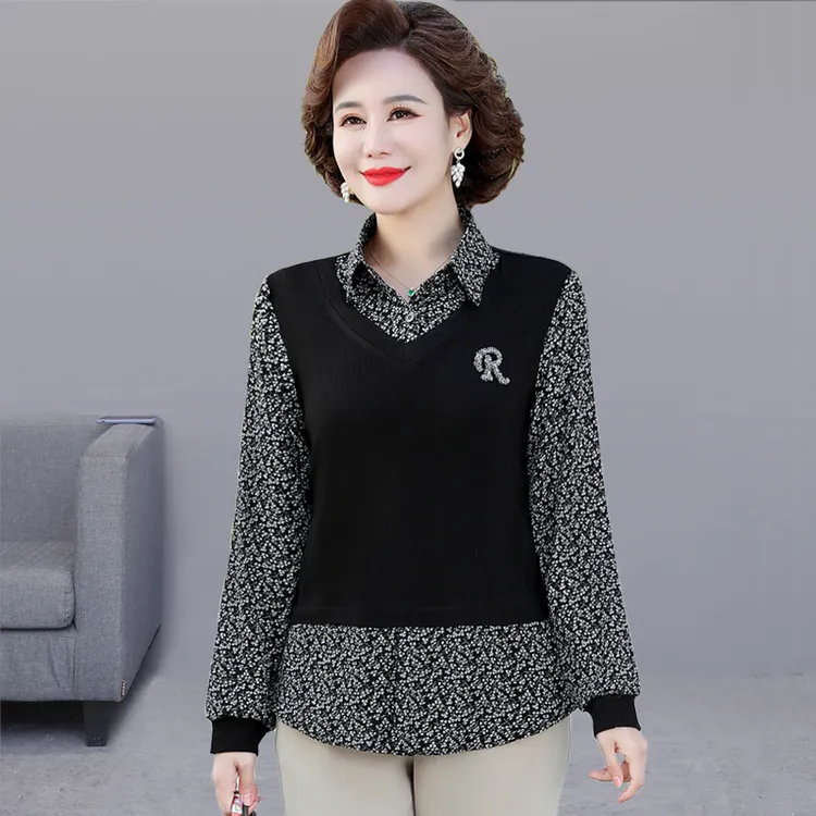 假两件拼接衬衫早秋外穿长袖衬衣体恤中老年妈妈装上衣打底衫百搭