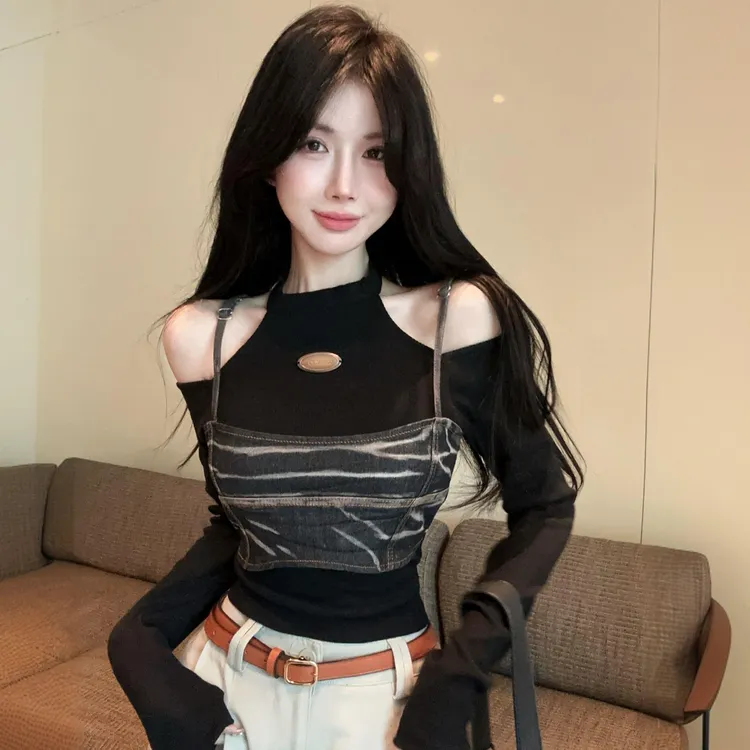 美式酷辣假两件一字肩上衣女秋冬季设计感小众长袖t恤打底衫内搭