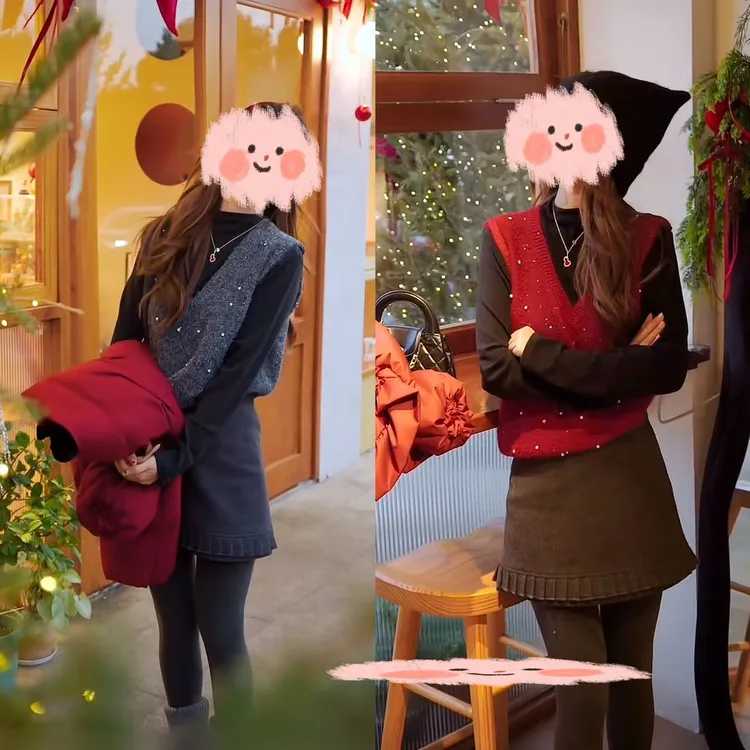 韩系氛围感ootd穿搭一整套女冬季打底马甲短裙圣诞新年战袍三件套