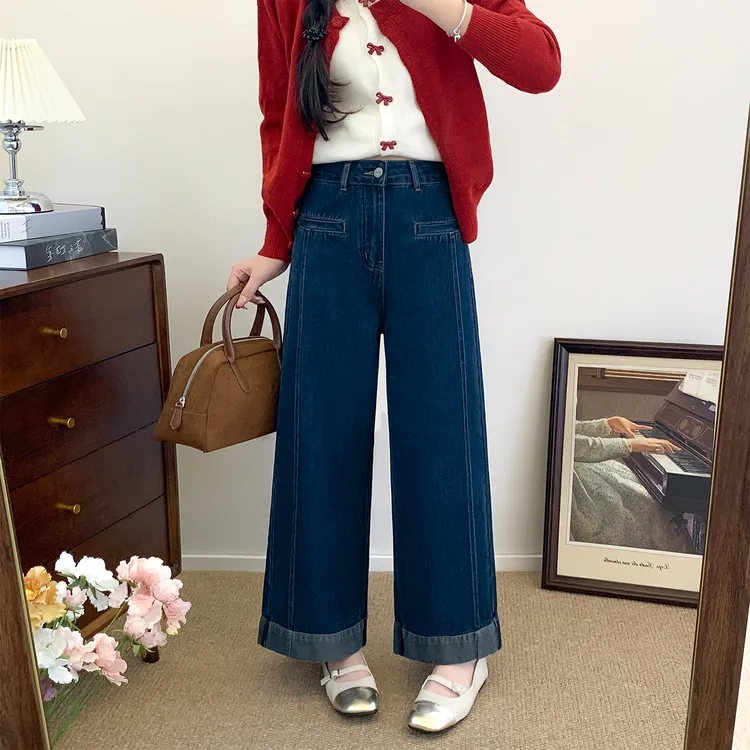 深蓝色阔腿牛仔裤女秋季新款大码胖mm梨形身材弹力显瘦宽松牛仔裤