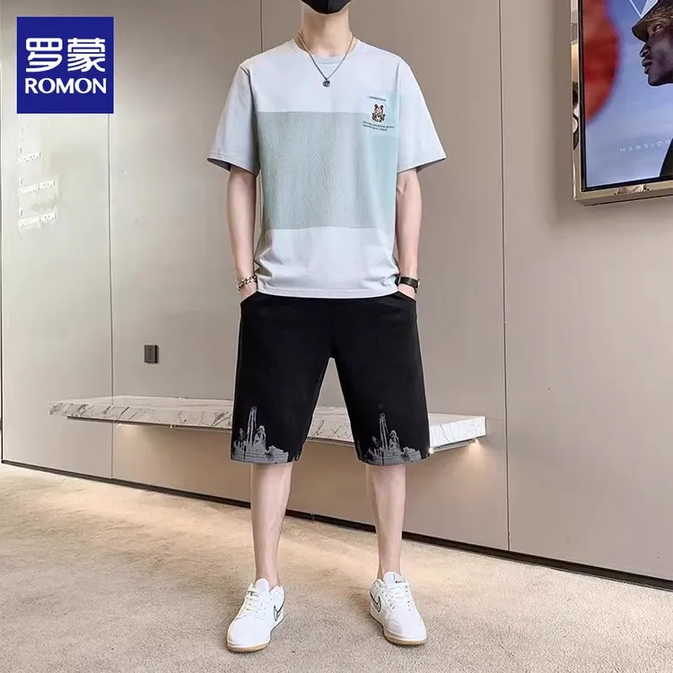 罗蒙男士运动套装2025年夏季宽松t恤搭配休闲短裤运动服一套男装