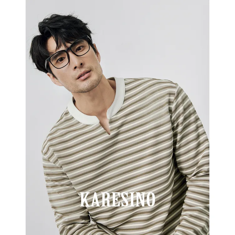 KARESINO秋季条纹撞色拼接V领休闲百搭上衣男士抗皱打底衫长袖T恤