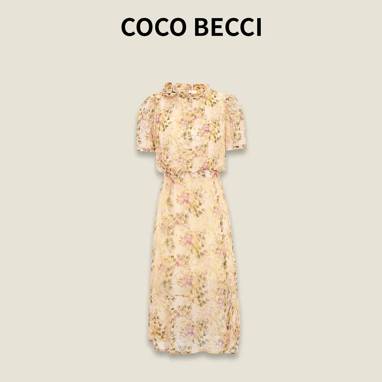 COCO BECCI【黄玫瑰】浪漫时尚碎花复古收腰显瘦连衣裙CFLJC172149