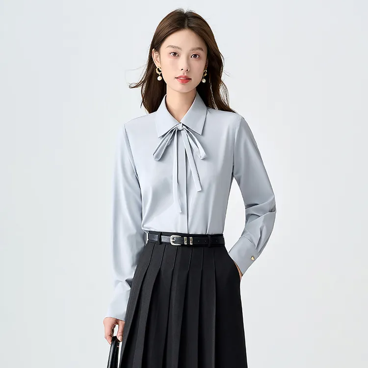 灰色飘带衬衫女教师穿搭蝴蝶结韩系衬衣职业面试正装内搭系带上衣