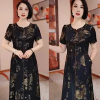 黑底金花气质连衣裙夏季新款修身显瘦遮肉气质妈妈装H5B153复古