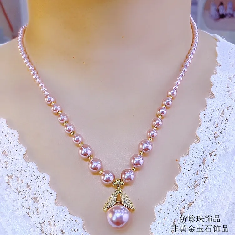 铜合金仿珍珠项链 轻奢小众设计感时尚吊坠项链链子饰品颈链