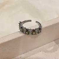 铜合金合成锆石戒指 精致绿色满钻开口戒指女气质高级感指环8231