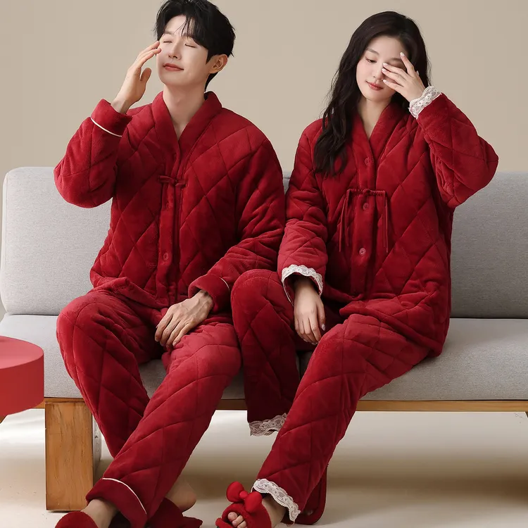 冬季红色结婚睡衣新婚情侣套装珊瑚绒三层夹棉加绒加厚冬天家居服