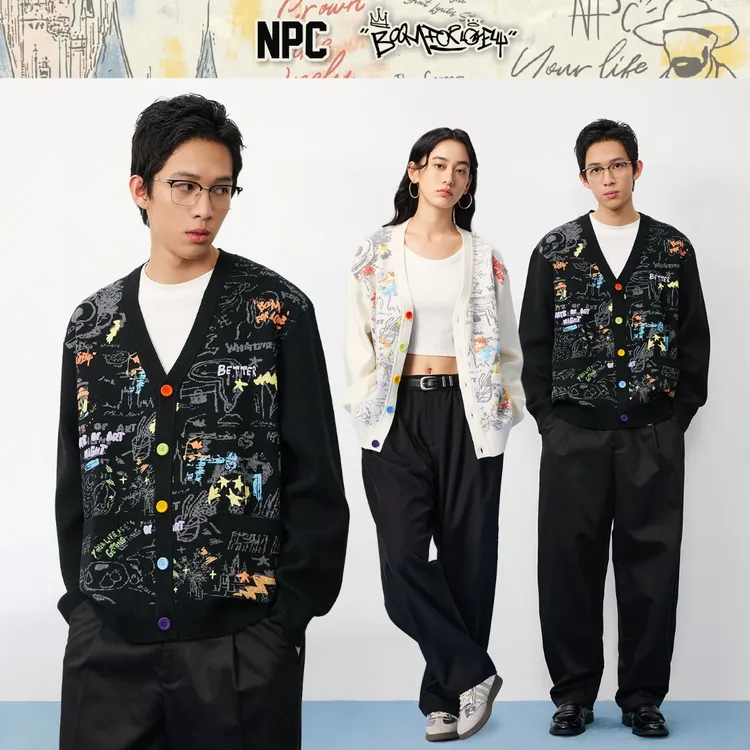 NPC潮牌满印涂鸦【博物馆夜游】印花针织开衫V领男秋上新NP57SW54