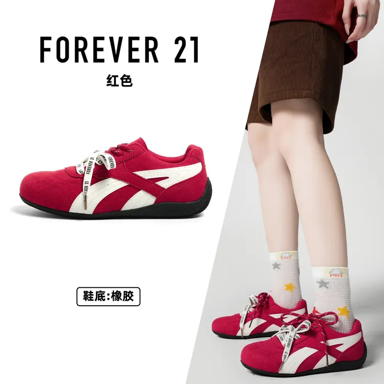 F21秋季女鞋红色鞋子女透气薄底德训鞋配裙子赛车鞋休闲运动板鞋