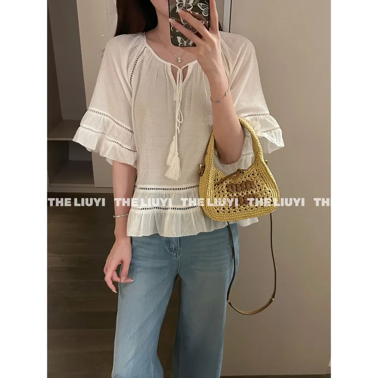 【LIUYI】法式宽松绑带喇叭袖小衫57112