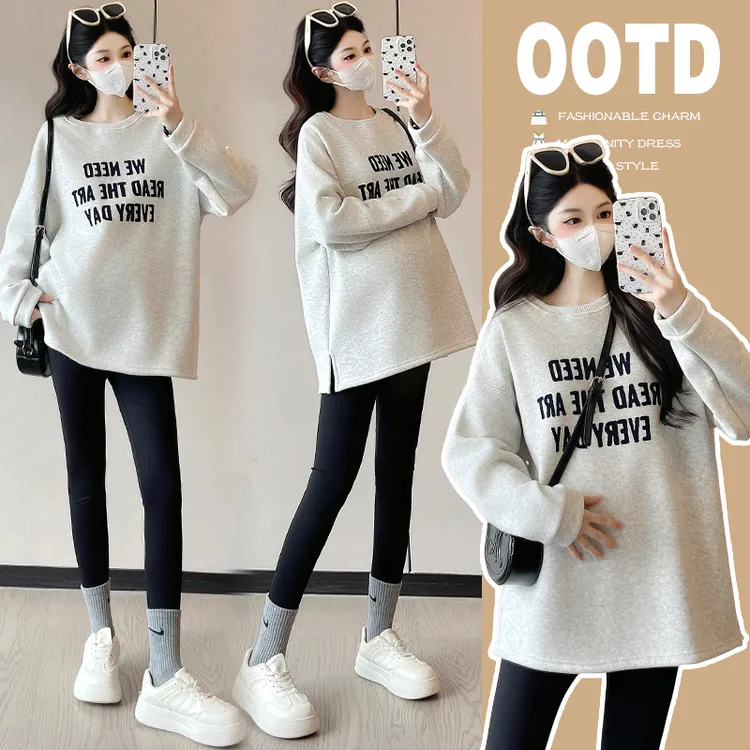2025孕妇装秋冬加绒加厚印花字母卫衣打底上衣孕妇装外穿百搭保暖