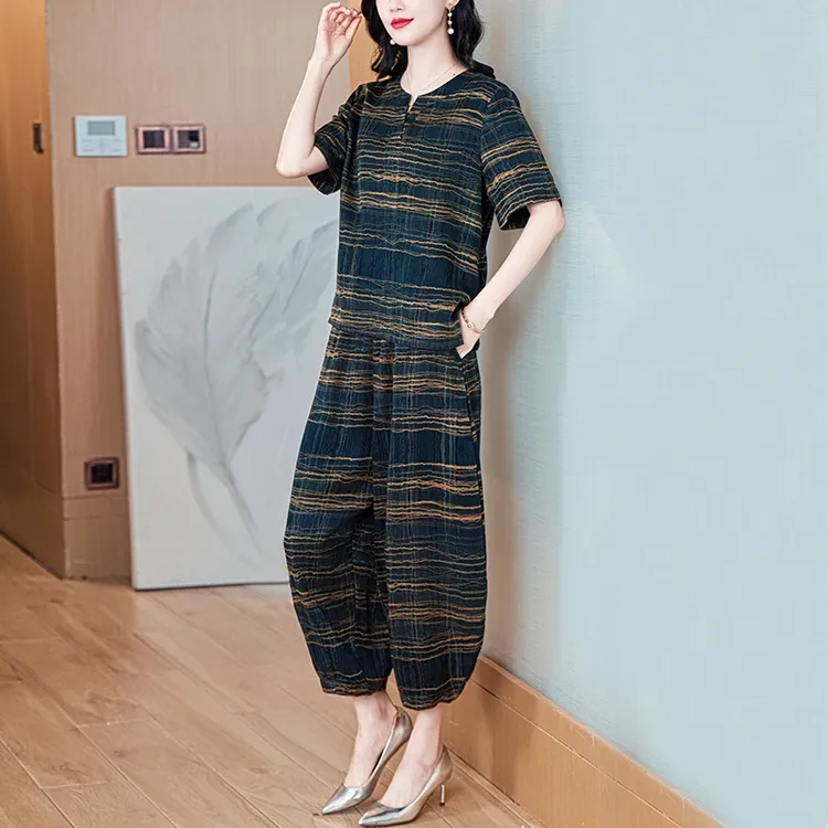 民族风仿桑蚕丝香云纱套装女新款夏季显瘦气质妈妈装仿真丝两件套