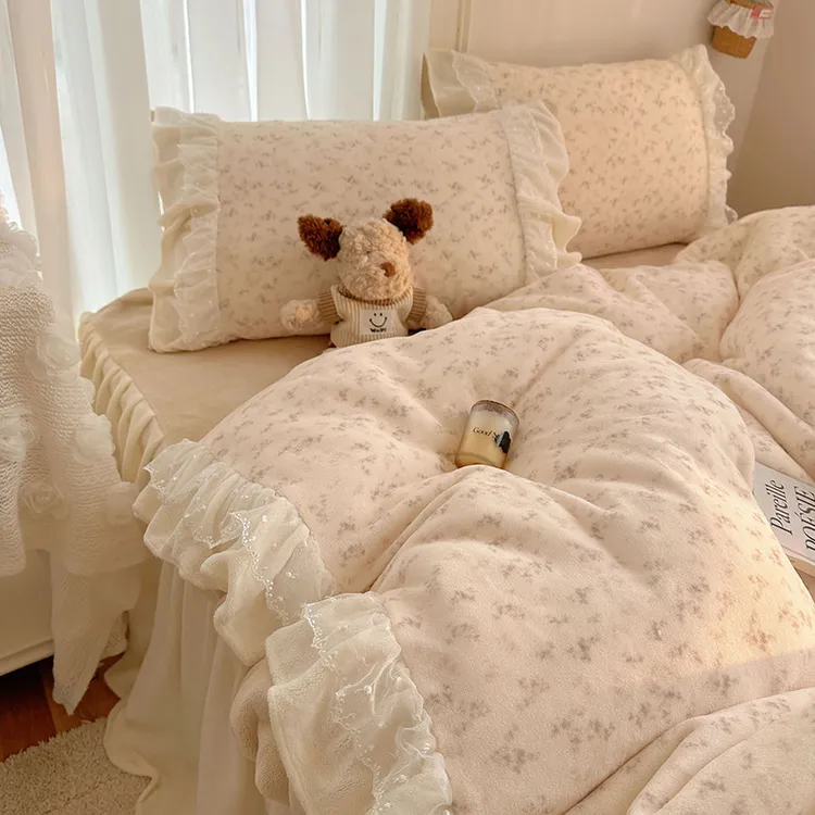 韩式公主风蕾丝花边牛奶绒四件套加厚双面绒被套冬季床上毛绒床单