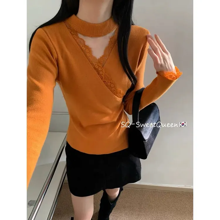 纯欲风挂脖v领毛衣高级感长袖甜辣风修身显瘦内搭打底针织衫上衣