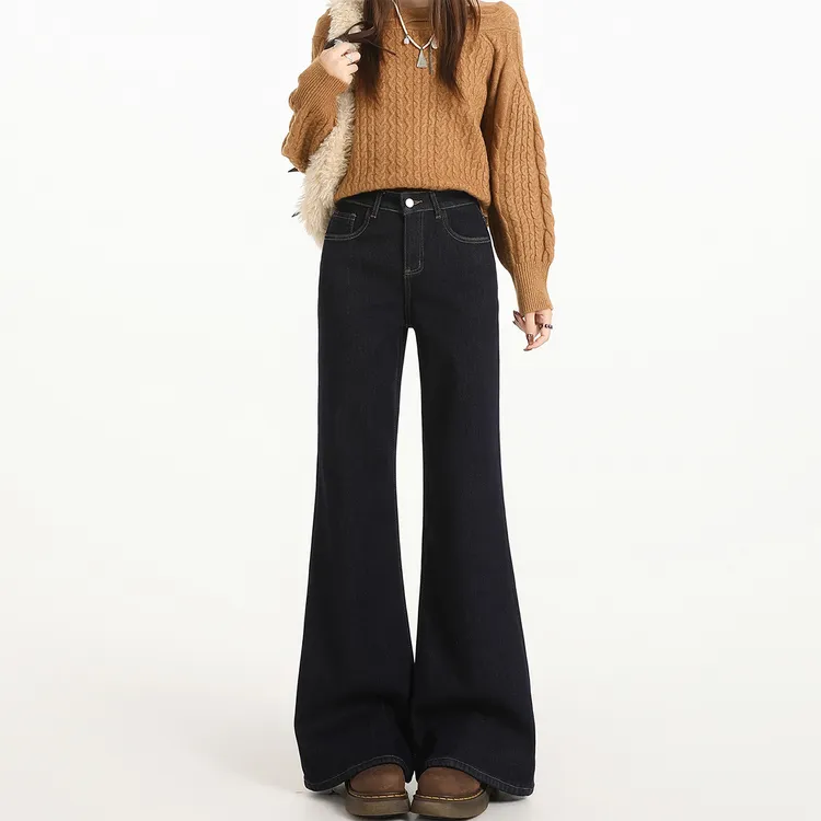 秋冬美式加绒原牛INS风蓝黑色不贴腿宽松直筒微喇裤牛仔