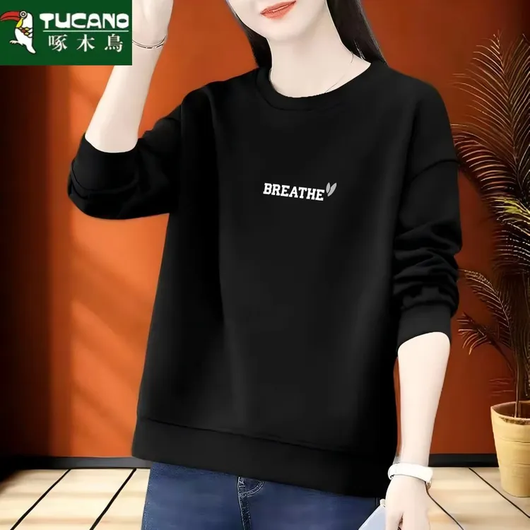 啄木鸟100%纯棉卫衣女春秋季宽松休闲洋气美式长袖打底衫上衣外套