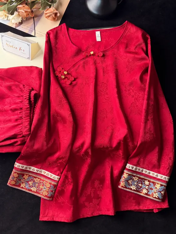 新年红色国风睡衣女新中式刺绣编织长袖春夏季薄款冰丝格格家居服