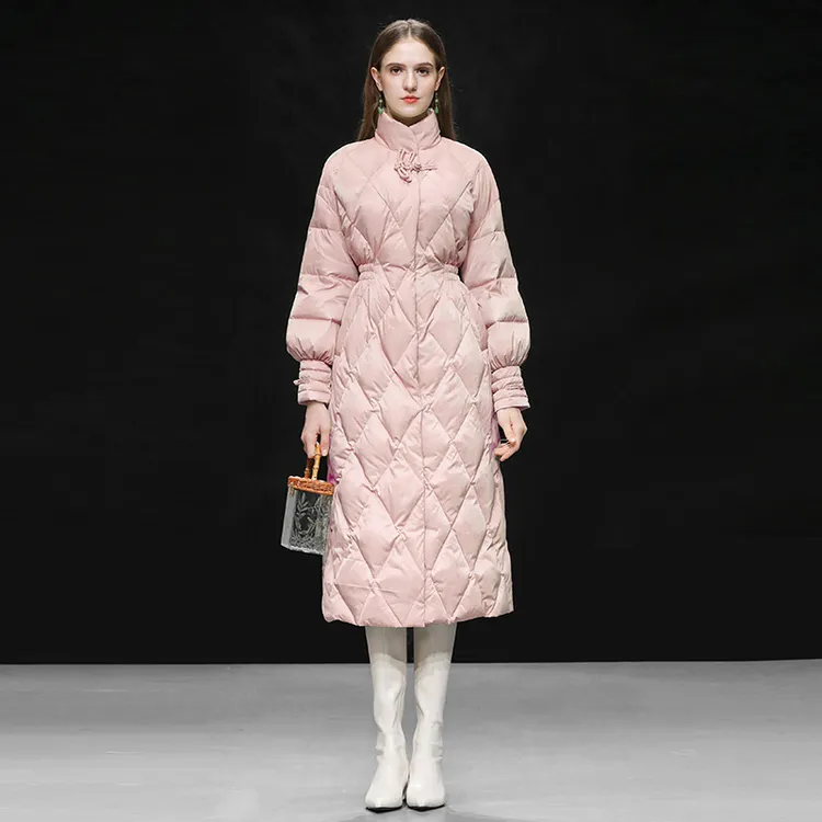 妮-冬新中式国风提花立领灯笼袖收腰长款过膝A摆羽绒服QC34984F