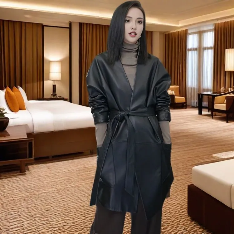 欧洲站女2025春季中长款V领宽松系带收腰PU皮时尚皮衣风衣外套潮