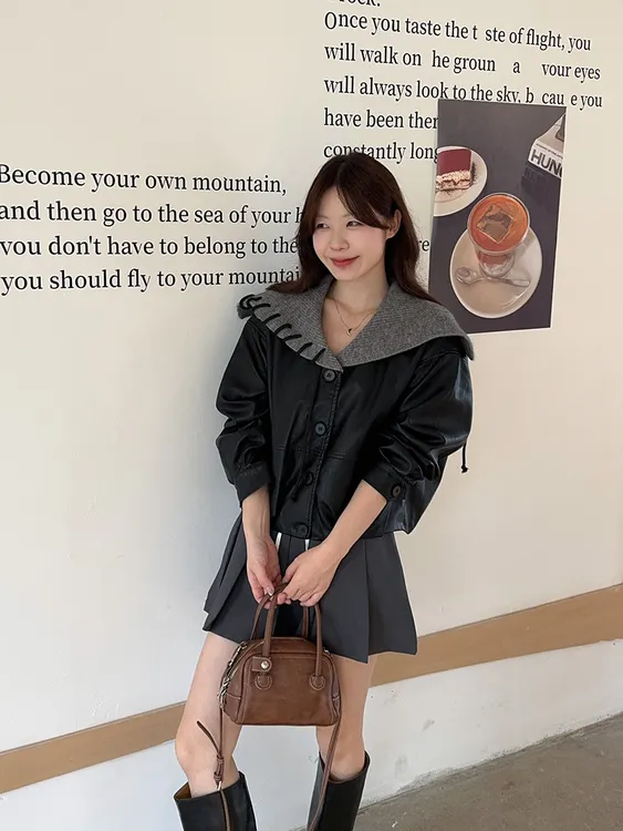 大码女装秋季新款韩版时尚减龄设计感海军领pu皮夹克短款外套女