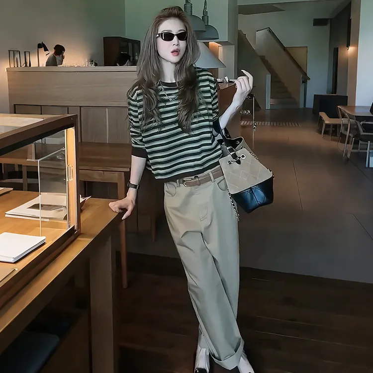 轻熟风气质短袖套装女2025早秋新款宽松条纹上衣休闲工装裤两件套