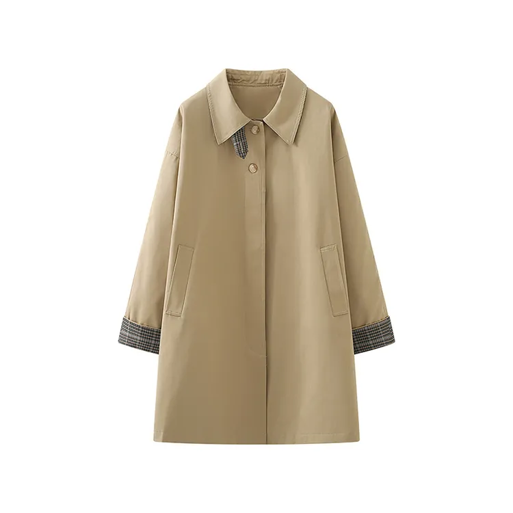 秋季新款格纹袖口休闲英伦风中长风衣外套女