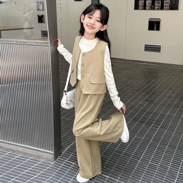 女童春装套装2025新款中大童6-12女孩韩版时髦洋气西装马甲三件套