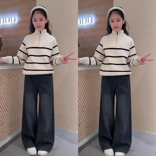 女童秋冬半高领洋气加绒加厚时髦针织毛衣