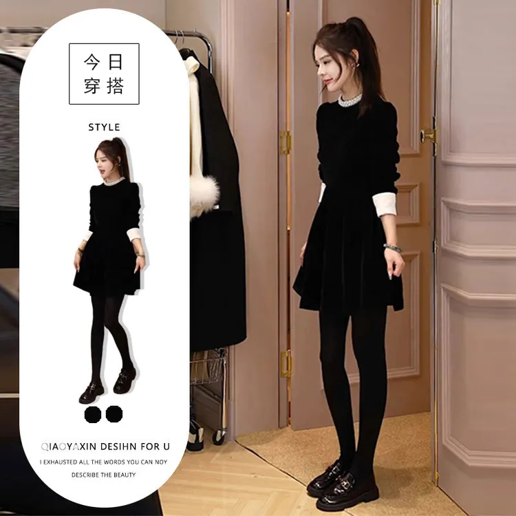 黑色赫本风短款连衣裙秋装2025年秋冬新款轻奢气质高级感裙子女装