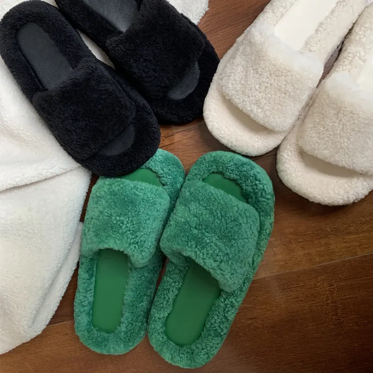 秋冬新款厚底白色毛毛女露趾羊毛凉拖鞋外穿中跟包邮平底防滑软底