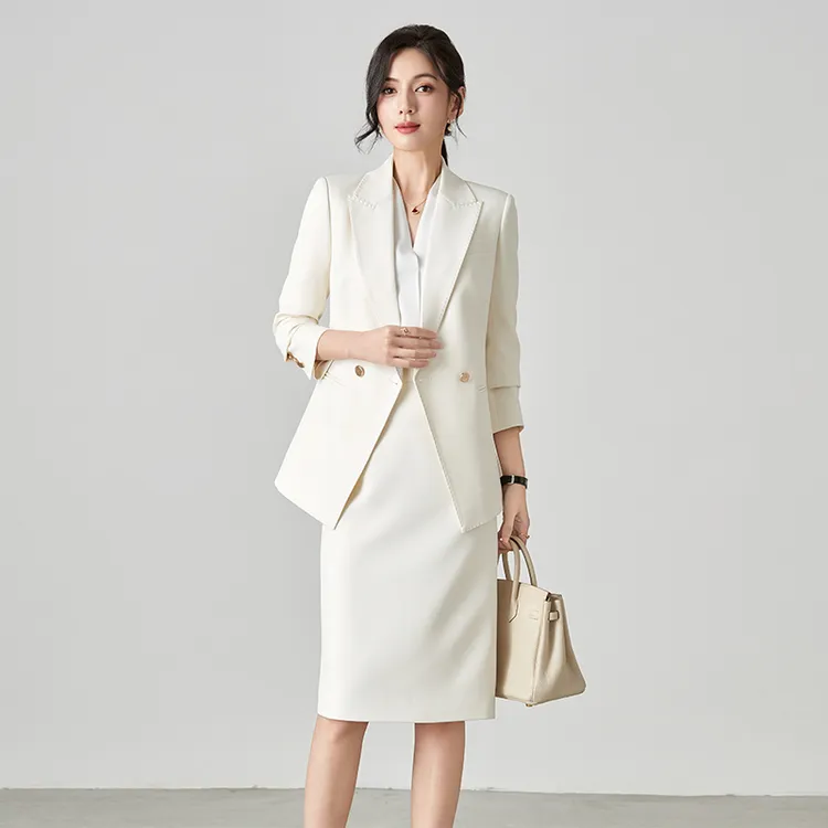 春夏新款月光白色气质修身职业西装套装商务会议包臀裙正装套装裙