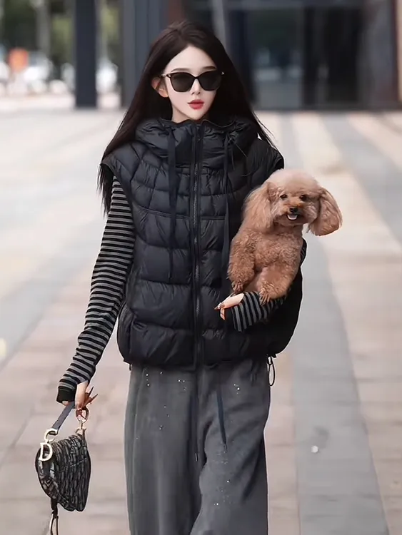 欧式连帽高级感白鸭绒羽绒马夹女装2025秋冬流行超好看无袖短马夹