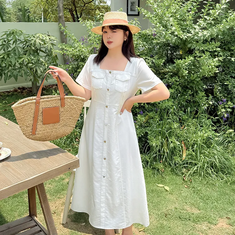 气质大码女装法式方口领连衣裙2025夏季新款时尚高腰显瘦通勤长裙