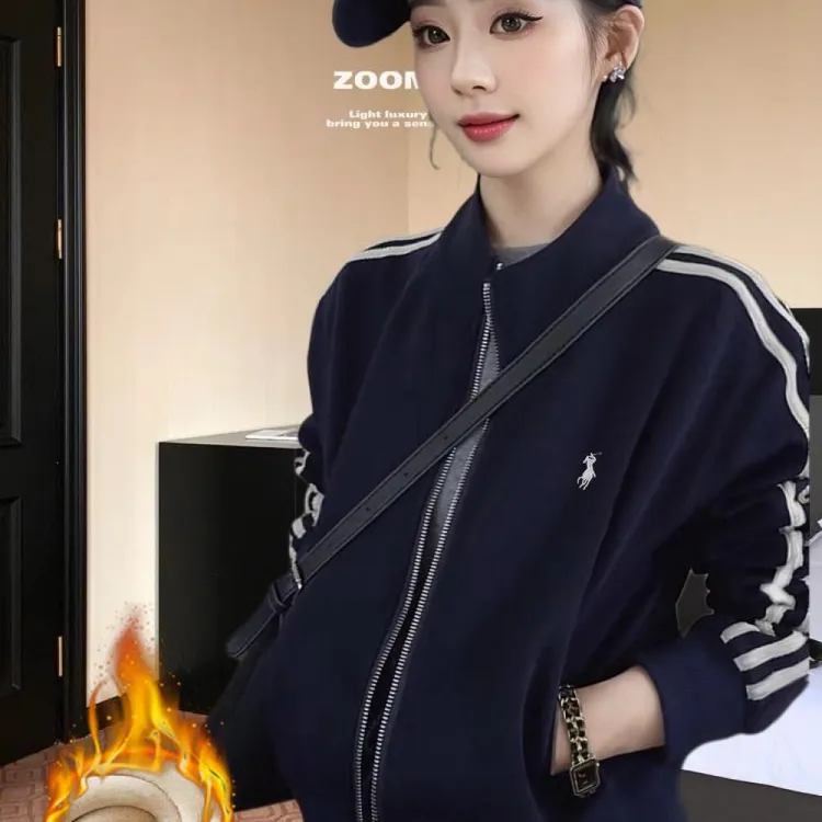 百搭三条杠立领小马刺绣短外套女秋季新款时尚宽松洋气夹克开衫潮