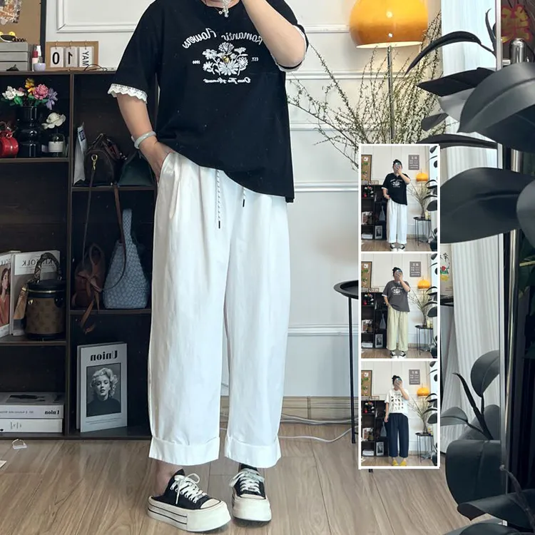 YZJ【泡芙饼干裤2.0】夏季松紧腰遮胯显瘦直筒休闲大码山本九分裤