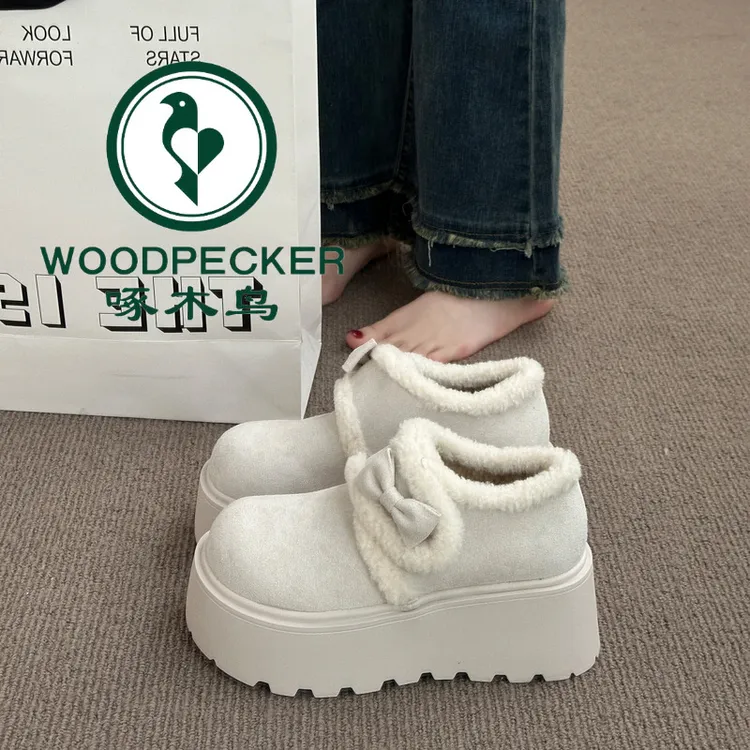 啄木鸟厚底增高勃肯鞋女2025冬季新款加绒保暖毛毛乐福鞋粉色棉鞋