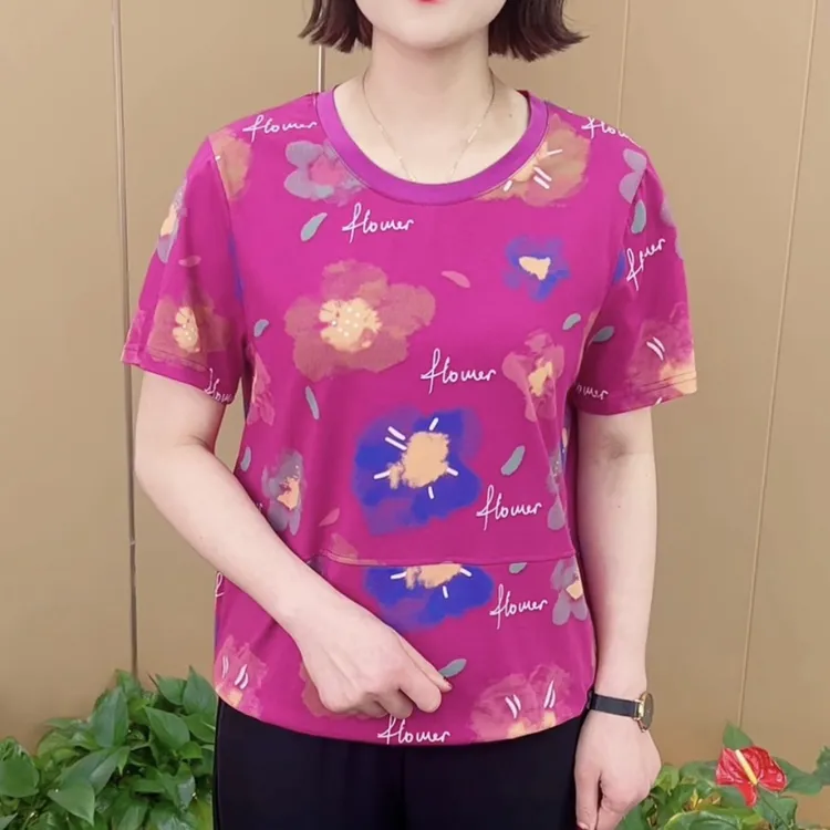 夏季新款时尚圆领印花宽松遮肚显瘦减龄休闲百搭短袖上衣K9826